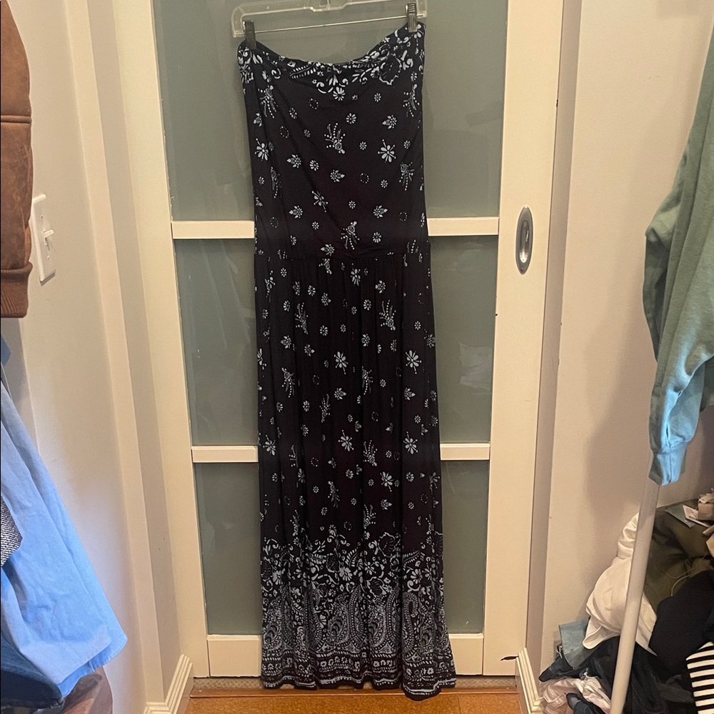Lascana Printed Navy and White Floral Maxi Dress Strapless, 12, EUC